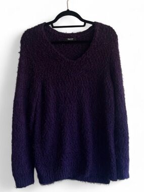 KENNETH COLE Reaction Eggplant  Deep Purple V-Neck Fuzzy Crewneck Sweater LARGE